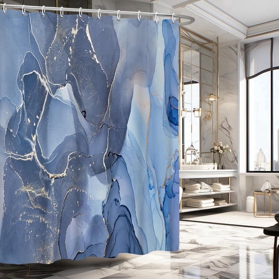 Blue Marble Shower Curtain, Green Plant Shower Curtain Set for Bathroom, Natural Modern Fabric Bath Curtain with Hooks, 60x72in