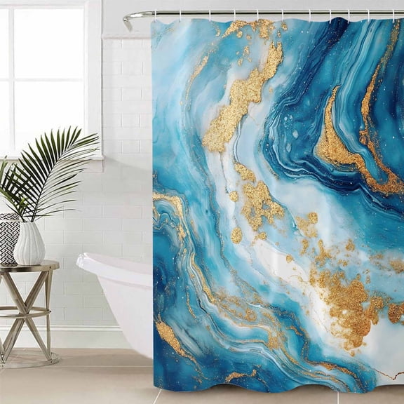 Blue Marble Shower Curtain Set, Waterproof Shower Curtains for Bathroom, Luxury Yellow Modern Ink Painting Art Washable Fabric Cloth Bath Curtain for Bathtub Decoration with Hooks 48x72 Inches