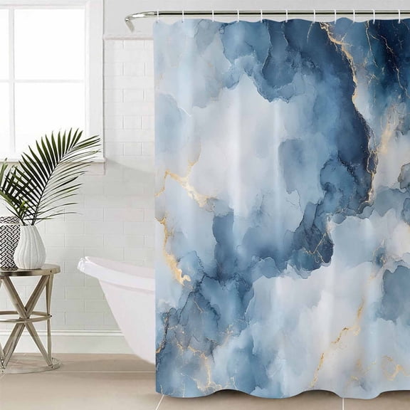 Blue Marble Shower Curtain Set, Waterproof Shower Curtains for Bathroom, Modern Abstract Art Ink Painted Washable Fabric Cloth Bath Curtain for Bathtub Decoration with Hooks 48x72 Inches