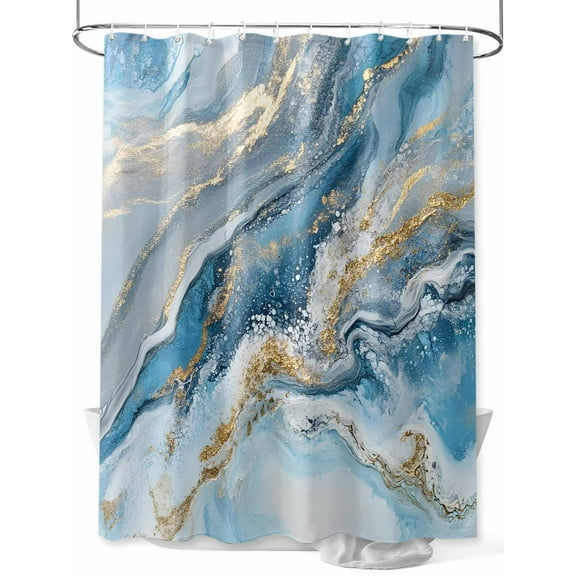 Blue Marble Shower Curtain Set, Waterproof Shower Curtains for Bathroom, Modern Contemporary Luxury Yellow Washable Fabric Cloth Bath Curtain for Bathtub Decoration with Hooks 48x72 Inches