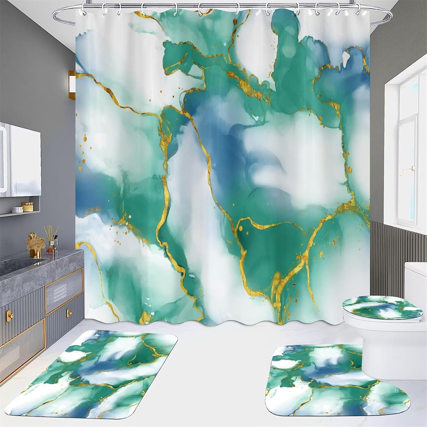 Blue Marble Shower Curtain set with Bath Rugs Waterproof Abstract ...