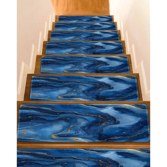 Blue Marble Stair Treads for Wooden Steps Indoor Runner Rug Carpet, Ink Painting Modern Ombre Abstract 7 Pieces Peel and Stick Staircase Step Treads Covers Washable Throw Door Mats, 30"x8"