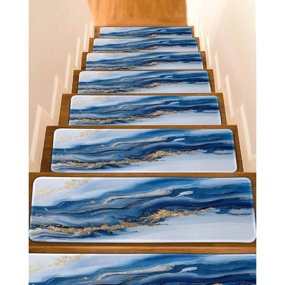Blue Marble Stair Treads for Wooden Steps Indoor Runner Rug Carpet, Modern Abstract Art 7 Pieces Peel and Stick Staircase Step Treads Covers Washable Throw Door Mats, 30"x8"