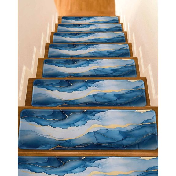 Blue Marble Stair Treads for Wooden Steps Indoor Runner Rug Carpet, Modern Abstract Ink Painting 7 Pieces Peel and Stick Staircase Step Treads Covers Washable Throw Door Mats, 30"x8"