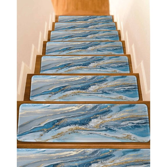 Blue Marble Stair Treads for Wooden Steps Indoor Runner Rug Carpet, Modern Contemporary Luxury Yellow 4 Pieces Peel and Stick Staircase Step Treads Covers Washable Throw Door Mats, 30"x8"
