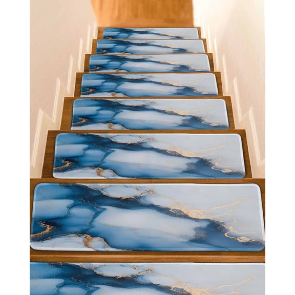 Blue Marble Stair Treads for Wooden Steps Indoor Runner Rug Carpet, Modern Gray Golden Abstract Gradient Art 7 Pieces Peel and Stick Staircase Step Treads Covers Washable Throw Door Mats, 30"x8"