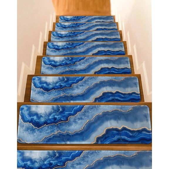 Blue Marble Stair Treads for Wooden Steps Indoor Runner Rug Carpet, Modern Luxury Granite Surface Motif Sketch 7 Pieces Peel and Stick Staircase Step Treads Covers Washable Throw Door Mats, 30"x8"