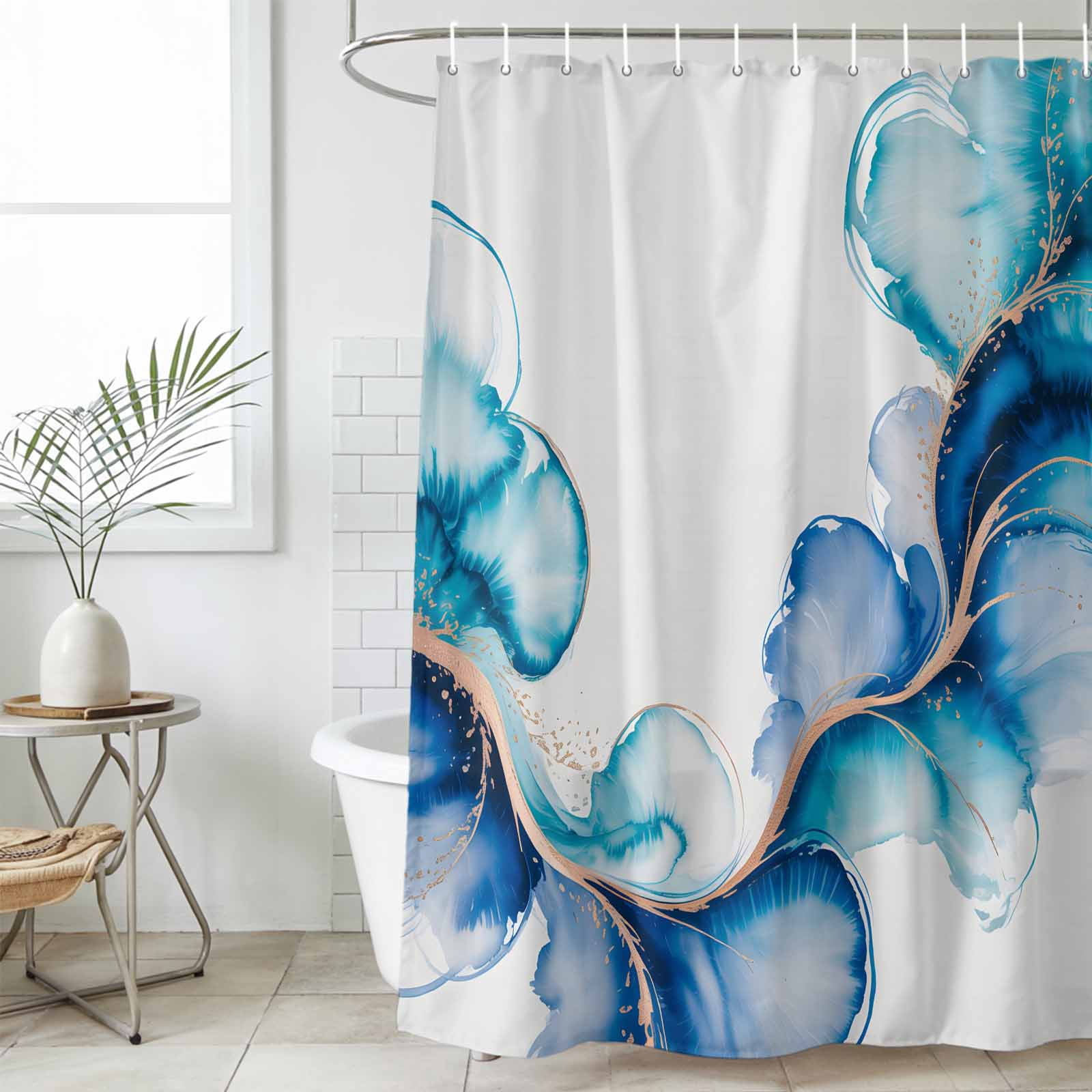 Blue Marble Stone Long Shower Curtain Set, Waterproof Shower Curtains ...