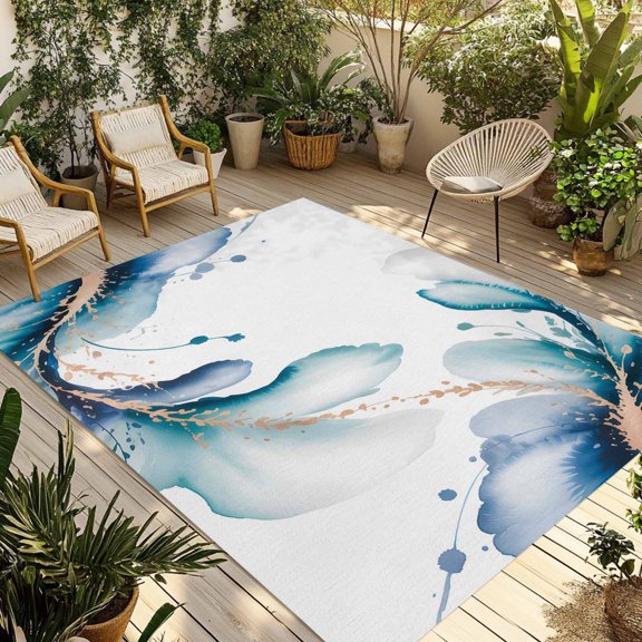 Blue Marble Stone Outdoor Rug for Patio/Deck/Porch, Non-Slip Large Area Rug 3 x 5 Ft, White Ink Splash Farm Marble Abstract Indoor Outdoor Rugs Washable Area Rugs, Camping Rug Carpet Runner