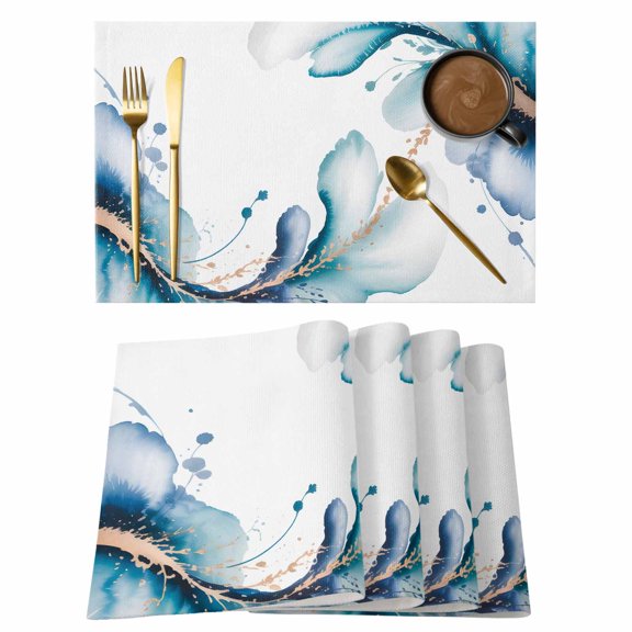 Blue Marble Stone Placemats Set of 4 White Ink Splash Farm Marble Abstract Place Mats Indoor Wipeable Table Mats Washable Cloth Dining Table Placemats for Kitchen Holiday Party Home Decor 13x19 Inch