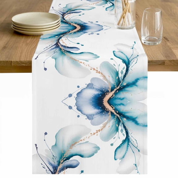 Blue Marble Stone Table Runner - 36 Inch Long White Ink Splash Farm Marble Abstract Cotton and Linen Blended Dress Scarves Farmhouse Table Runner for Kitchen Dining, Coffee Table, 13" x 36"