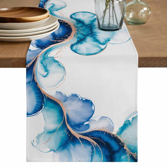 Blue Marble Stone Table Runner 36 Inches, Ink Splash Country Marble Abstract Bed Runner Dresser Scarves Tabletop for Indoor Outdoor Parties/Ceremony/Banquet, 13"x 36"