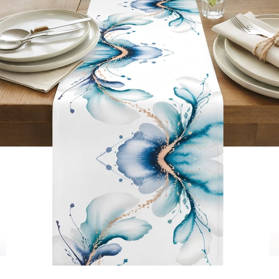 Blue Marble Stone Table Runner White Ink Splash Farm Marble Abstract Tablerunners 13 x 36 Inch, Table Decorations Tabletop Scarf for Summer Gathering Holiday Farmhouse Kitchen Dining Decor
