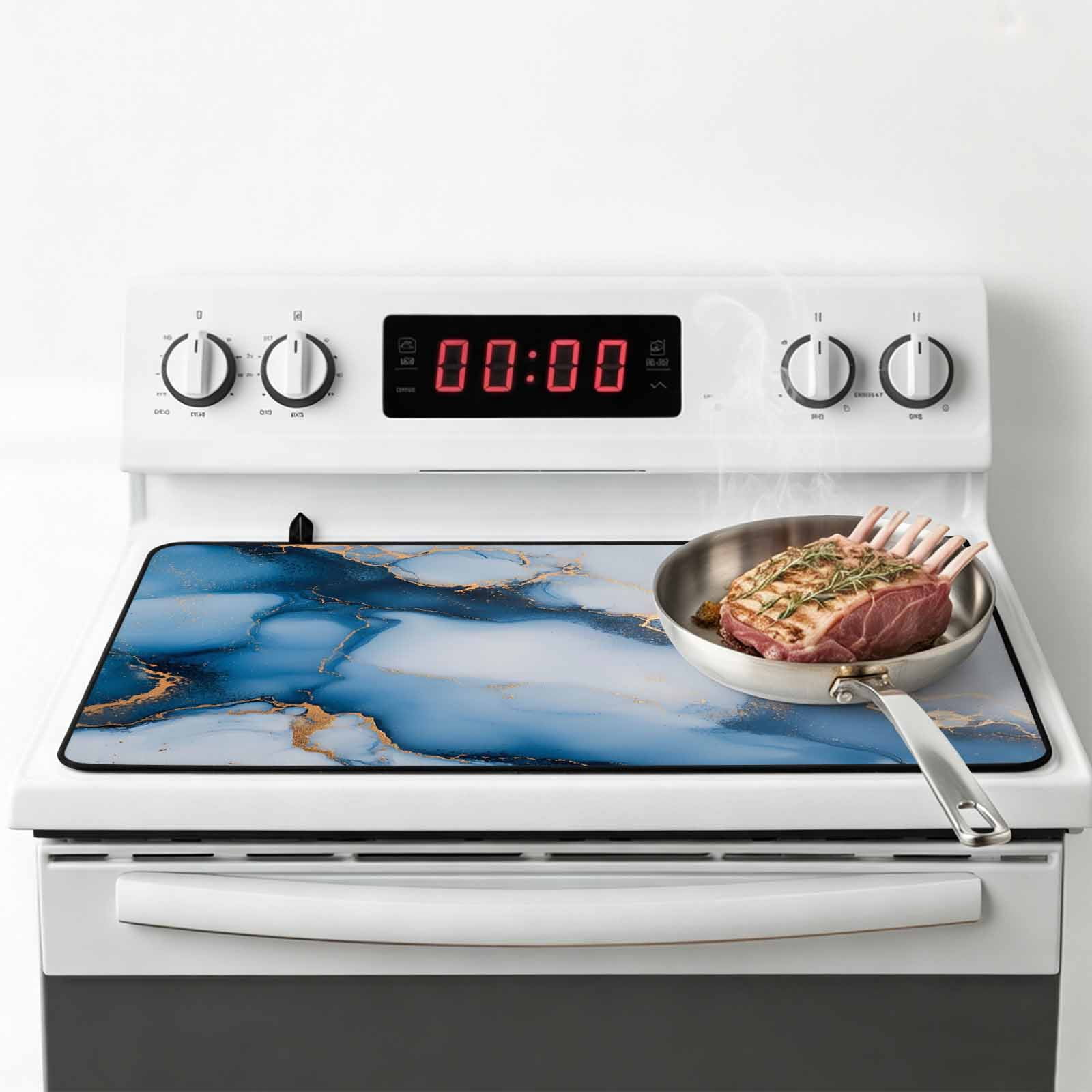 Blue Marble Stove Top Cover for Electric Stove, Heat-proof & Non Slip Glass Top Stove Cover Protector, Modern Gray Golden Abstract Gradient Art Kitchen Flat Cooktop Rubber Mat 24x21 Inches