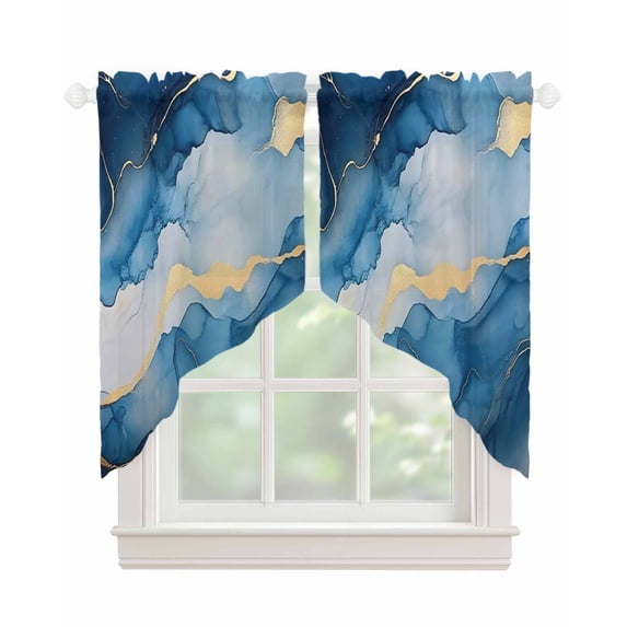 Blue Marble Swag Valances for Windows, Modern Abstract Ink Painting Rod Pocket Sheer Valances for Small Windows, Swag Toppers Light Filtering for Kitchen Living Room 2 Panels 36''x36''