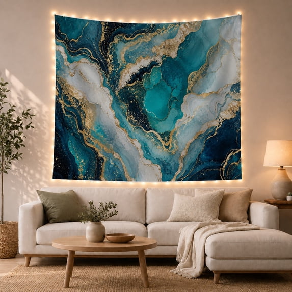 Blue Marble Swirls in Teal and Gold Veins, Calming Abstract for Art Lovers, Mineral Wall Art, Housewarming Gift, Tapestry Wall Hanging for Bedroom, Studio and Den
