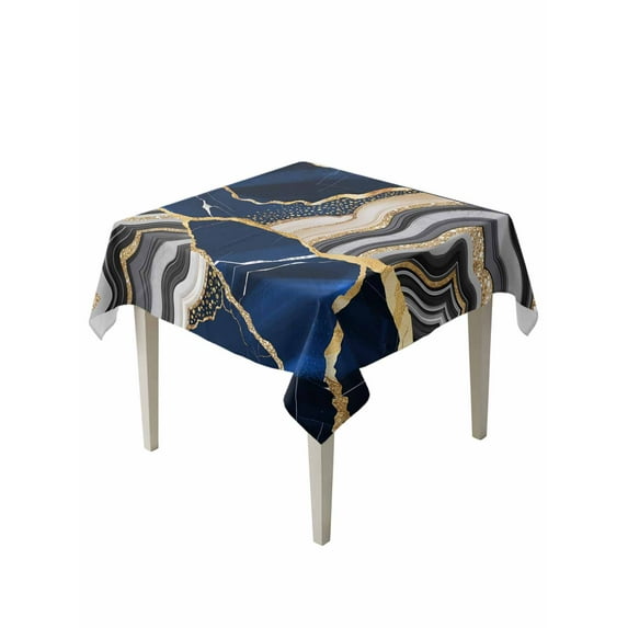 Blue Marble Table Cloth, Grey Gold Texture Vintage Farmhouse Art Waterproof Tablecloth for Square Tables, Reusable Washable Fabric Table Cover for Restaurant Kitchen Dining Tables 54"x54"