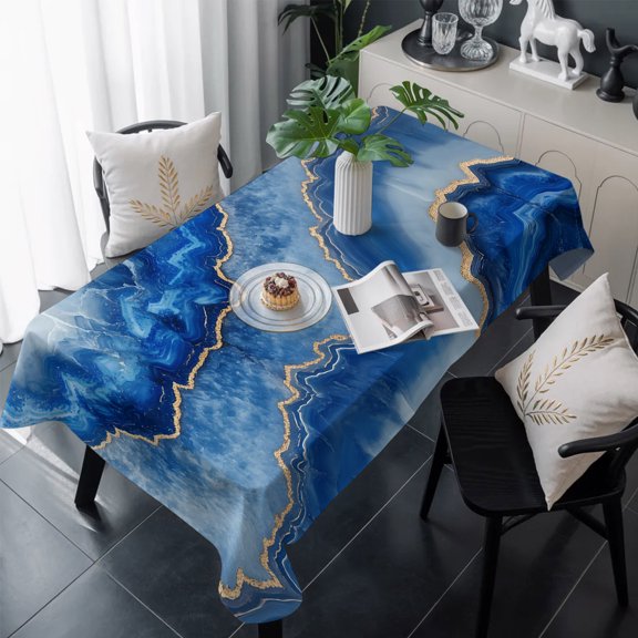 Blue Marble Table Cloth Waterproof Tablecloths, Modern Luxury Granite Surface Motif Sketch Tablecloth Dining Table Cover for Kitchen Party Tabletop Outdoor, Rectangle Tablecloth 60x120 Inch