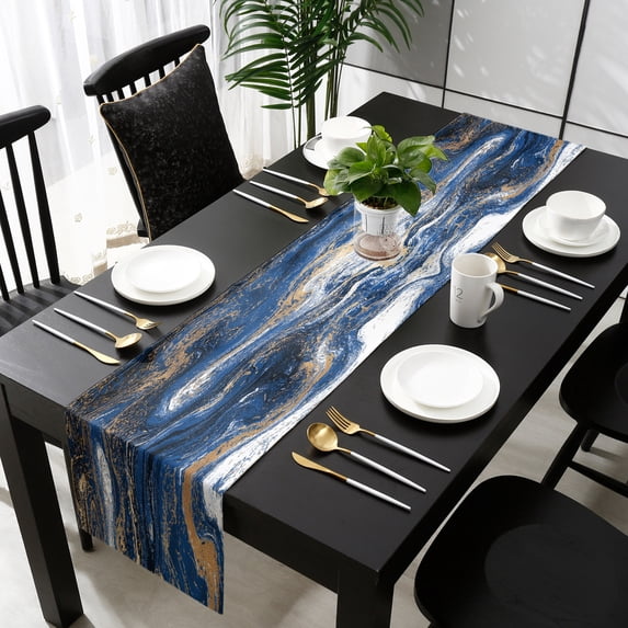 Blue Marble Table Runner 108 Inches Long, Modern Minimalist Abstract Fluid Art Kitchen Dining Burlap Linen Tablerunner for Small/Round/Square/Wedding/Coffee/Dining Table Party Home Décor 13 x 108
