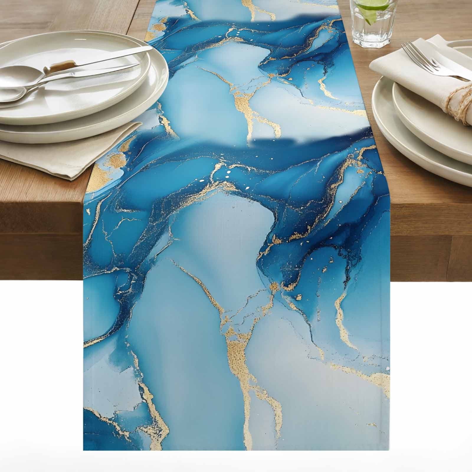 Table Texture Gold Blue Marble Table Runner 13x108 inch Gold Cracks Texture Rock Modern ...