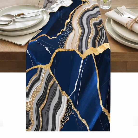 Blue Marble Table Runner - 48 Inch Long, Kitchen Dining Table Runner Dresser Scarves, Grey Gold Texture Vintage Farmhouse Art Farmhouse Decor for Coffee Tables Wedding Party Banquet