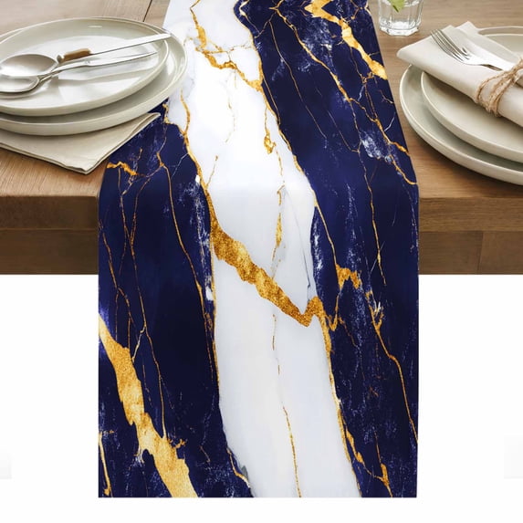 Blue Marble Table Runner - 48 Inch Long, Kitchen Dining Table Runner Dresser Scarves, Luxury Gold White Abstract Cracks Artwork Farmhouse Decor for Coffee Tables Wedding Party Banquet