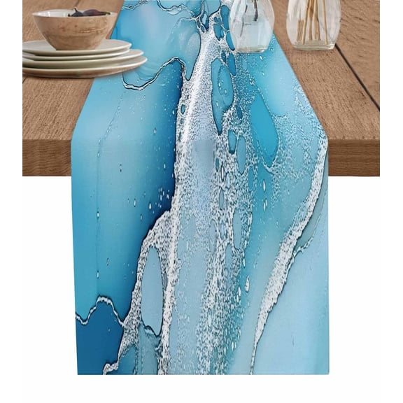 Blue Marble Table Runner 70 Inches, Contemporary Modern Aesthetics Abstract Bed Runner Dresser Scarves Tabletop for Indoor Outdoor Parties/Ceremony/Banquet, 13" x 70"