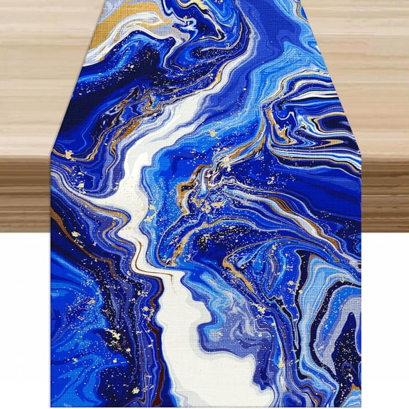 Blue Marble Table Runner,Blue Gold Abstract Fantasy Marble Texture Art Paint Table Decor Table Top Dining Room Kitchen Wedding Party 13x120 in