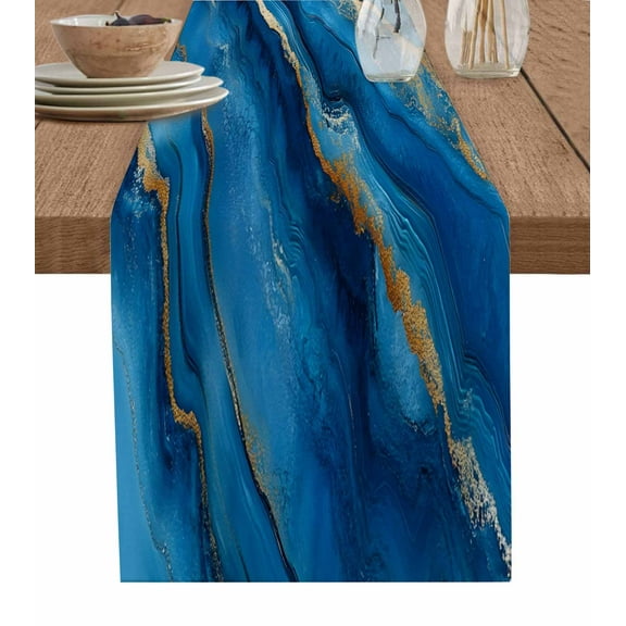 Blue Marble Table Runner-Cotton Linen- 108 Inch Holiday Dresser Scarves, Ocean Sea Waves Golden Geometric Stripe Tablerunner for Kitchen Coffee/Dining Bedroom Living Room Dinner Scarf Décor 13x108