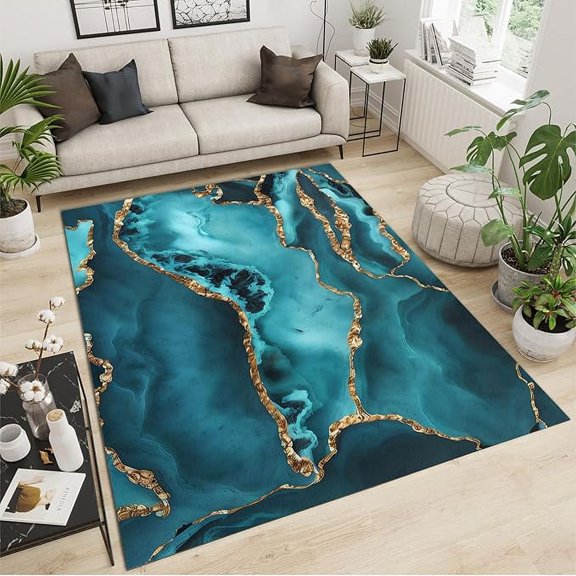 Blue Marble Texture Area Rug, Luxury Gold Foil Fluid Agate Stripes Indoor Rugs, With Non-Slip Rubber Backing Washable Carpet For Living Dining Dorm Room Bedroom Decor 5 x 6ft