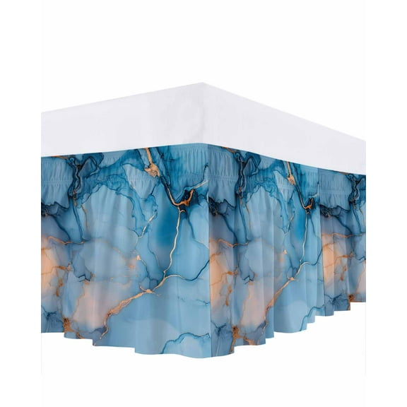 Blue Marble Texture Bed Skirt Queen Size 16" Drop Abstract Gradient Water Ripple Ruffled Wrap Around Bed Skirts Adjustable Elastic Bedskirt Dust Ruffle for Queen Size Bed
