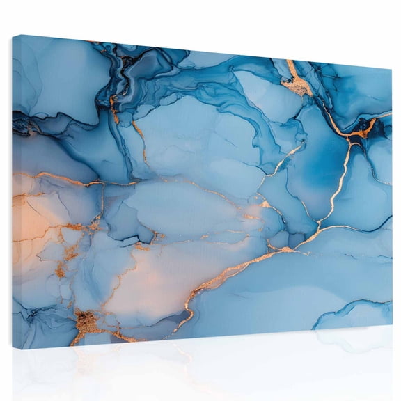 Blue Marble Texture Canvas Print Wall Art, Abstract Gradient Water Ripple Wall Decor Modern Artwork Paintings Pictures for Living Room Framed and Stretched Ready to Hang, 12" x 16"