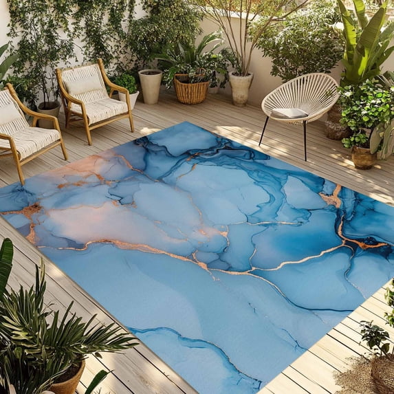 Blue Marble Texture Outdoor Rug, Abstract Gradient Water Ripple Non ...
