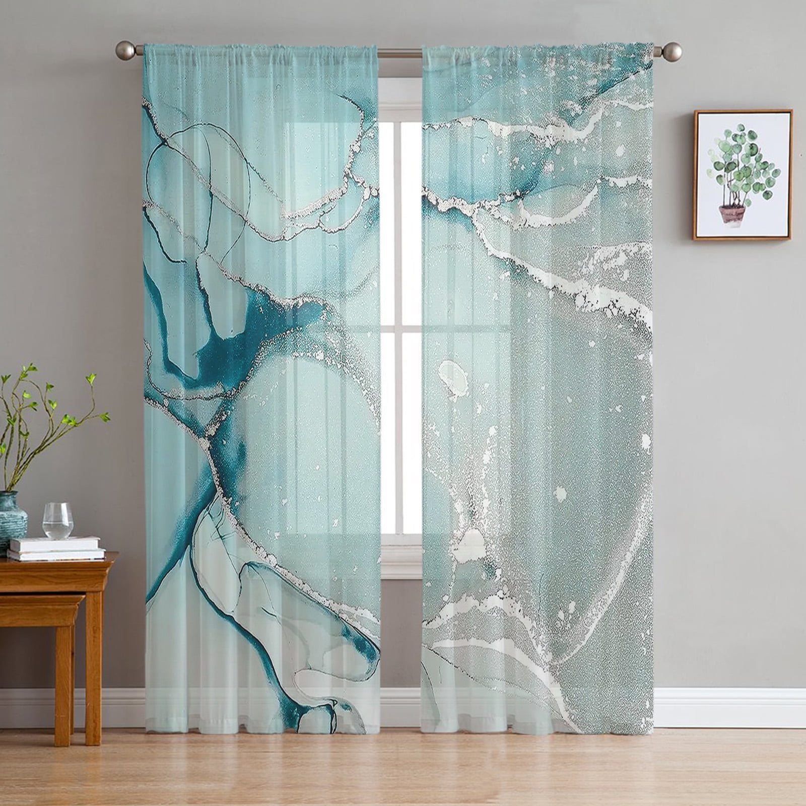 Blue Marble Texture Tulle Curtains for Living Room Kitchen Sheer Voile