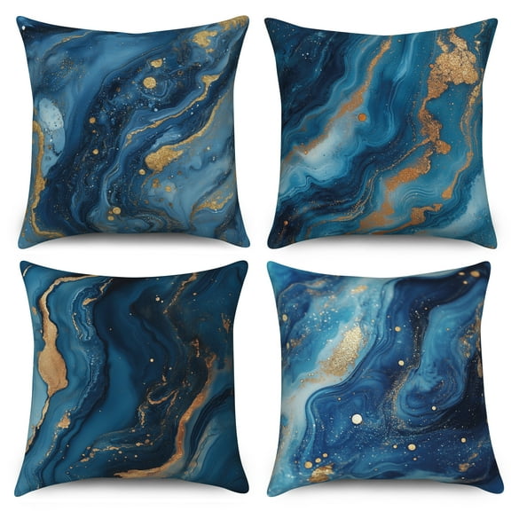 Blue Marble Throw Pillow Cover for Couch Set of 4 Modern Blue Gold Outdoor Pillow,18x18