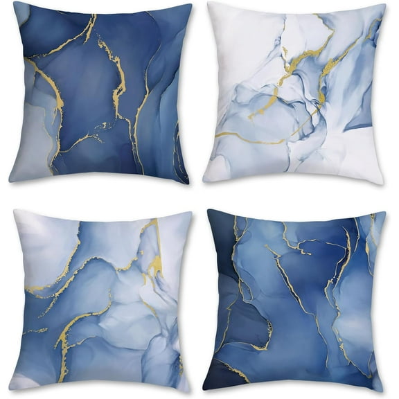 Blue Marble Throw Pillow Covers 18 x 18 Inch Abstract Marble Blue and Gold Modern Decorative Pillows Soft Velvet Cushion Cases for Couch Sofa Bed Home Decor Set of 4