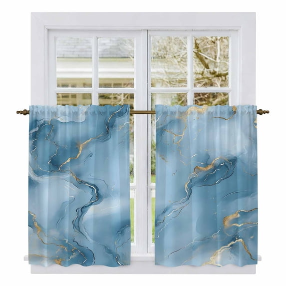 Blue Marble Tier Curtains, Ink Painting Art Yellow Modern Light Filtering Kitchen Curtains, 2Pcs Rod Pocket Half Window Treatments Panels for Sink Cafe Cabinet Basement 27.5x45 Inches