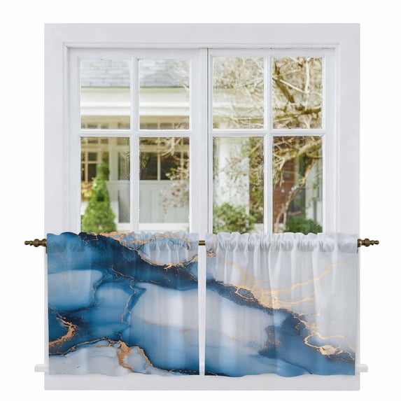 Blue Marble Tier Curtains, Modern Gray Golden Abstract Gradient Art Light Filtering Kitchen Curtains, 2Pcs Rod Pocket Half Window Treatments Panels for Sink Cafe Cabinet Camper 27.5x24 Inches