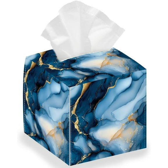 Blue Marble Tissue Box Holder Square Tissue Box Cover Foldable Tissue Storage Box Waterproof Paper Towel Case Container Organizer Tissue Box Holder for Bedroom Office Car