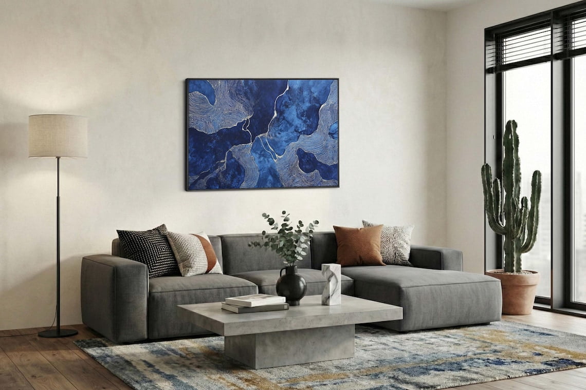 Blue Marble Topographic Wall Art Print, Abstract Flowing Contour Lines ...
