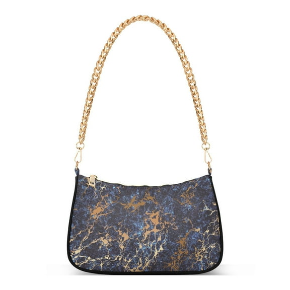 Blue Marble Trendy Pattern with Gold Veins Womens Chain Shoulder Bag Tote Handbag Clutch Hobo Purse with Zipper for Travel Casual