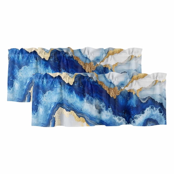 Blue Marble Valances for Windows, Decorative Rod Pocket Window Valance Curtains, Contemporary Golden Abstract Texture Art Curtain Drapes for Kitchen/Bathroom/Living Room, 2 Panels, 42" W x 12" L