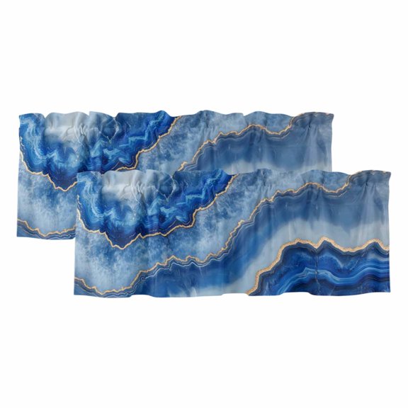 Blue Marble Valances for Windows, Light Filtering Kitchen Curtain Valances 2 Panels, Modern Luxury Granite Surface Motif Sketch Rod Pocket Short Window Treatments for Living Room Bedroom 42"Wx12"L