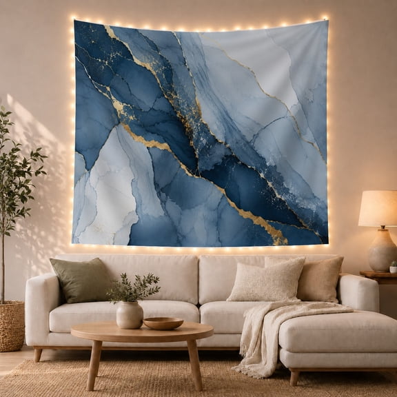 Blue Marble Veins Across Fractured Stone, Calming Abstract for Art Lovers, Luxury Mineral Wall Art, Housewarming Gift, Tapestry Wall Hanging for Bedroom and Living Room