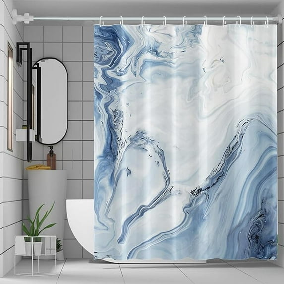 Blue Marble Waterproof Fabric Shower Curtain For Bathroom Abstract Watercolor White Luxury Washable Stall RV Shower Curtains Minimalist Room Partition Decoration With Hooks 72"W x 72"L