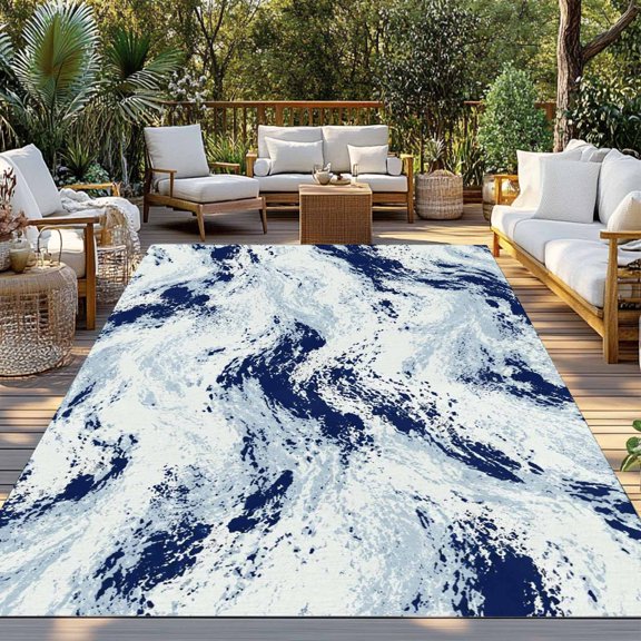 Blue Marble Waves Indoor Outdoor Rugs 3x5 Ft, Modern Abstract Art Minimalist Contrast Lines Outdoor Patio Rugs Mat Washable Outside Area Rugs Carpet for Porch Deck RV Camping Pool Balcony Backyard