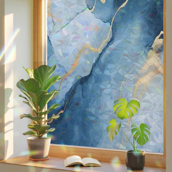 Blue Marble Window Privacy Film, Gradient Gold Fluid Texture Abstract Art Stained Glass Rainbow Film Decorative Window Clings, Static Cling Sun Blocking Stickers 17.7" x 39.3"