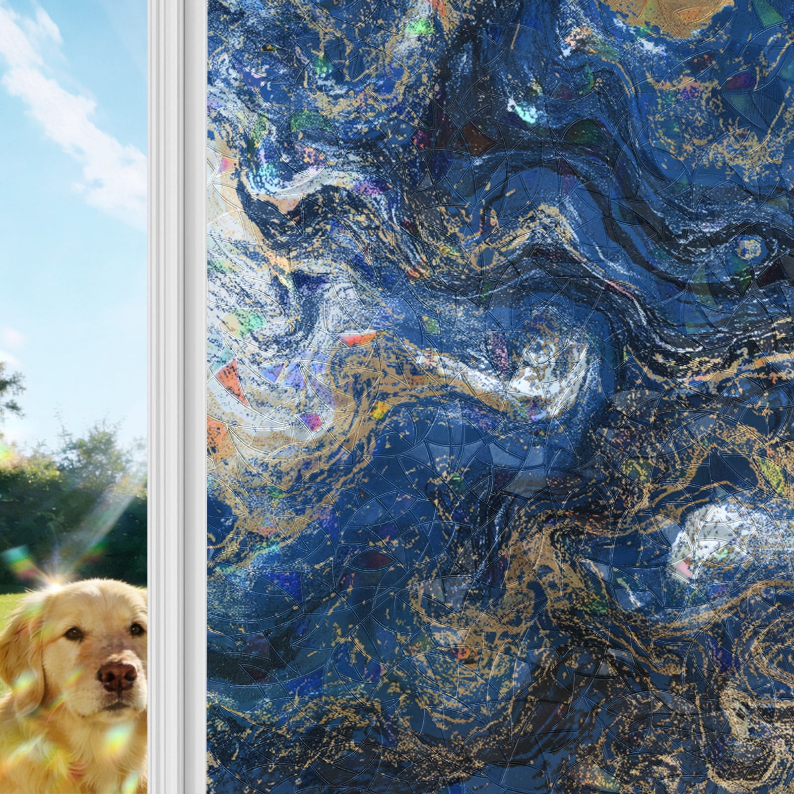 Blue Marble Window Privacy Film Stain Glass,Reusable Decorative Rainbow Window Film,Modern Minimalist Abstract Fluid Art Static Cling Sun Blocking Stickers Decals Covers 29.5" x 78.7" (2pcs)
