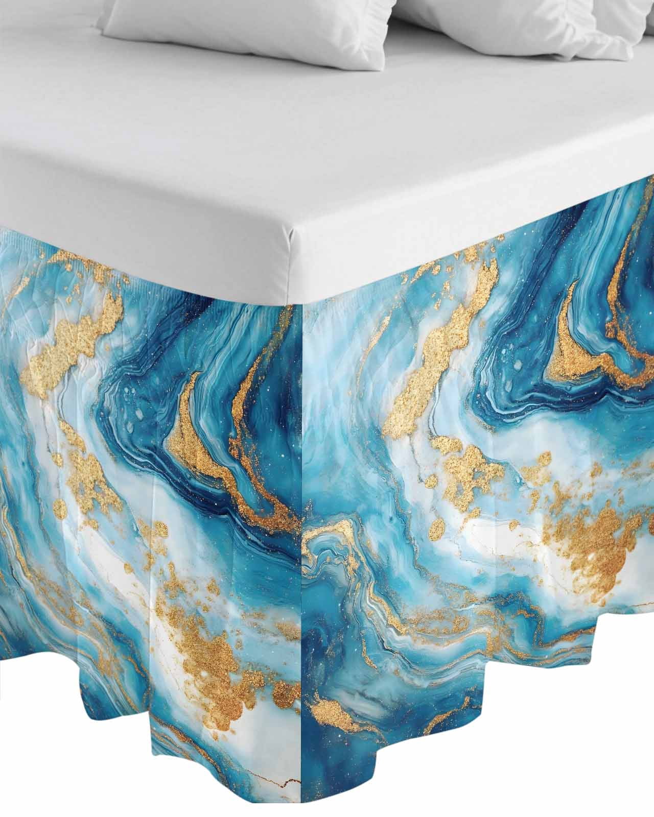 Blue Marble Wrap Around Bed Skirts for Queen Bed 16" Drop,Bed Skirt with Adjustable Elastic Belt Dust Ruffle Bed Valance for Bedroom Hotel Luxury Luxury Yellow Modern Ink Painting Art Bed Frame Cover