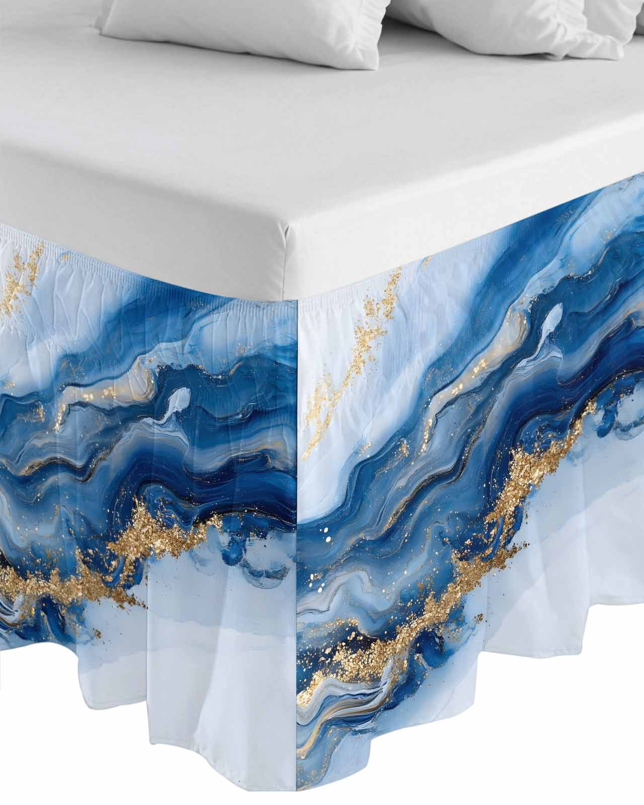 Blue Marble Wrap Around Bed Skirts for Queen Bed 16" Drop, Bed Skirt with Adjustable Elastic Belt Dust Ruffle Bed Valance for Bedroom Hotel Luxury Modern Abstract Art Bed Frame Cover
